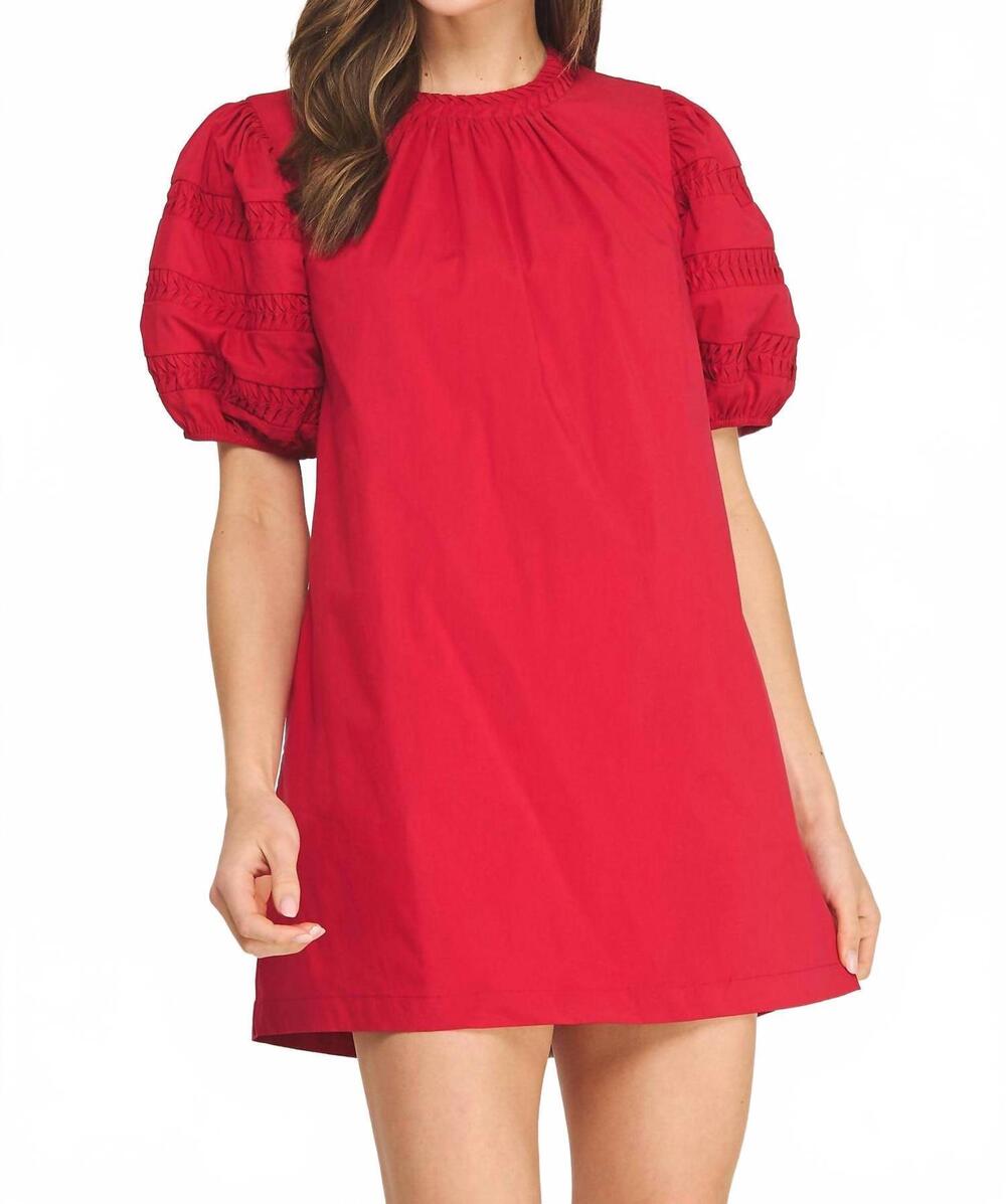 NEW STRUT & BOLT reverse pintuck puff sleeve mini dress in cherry red